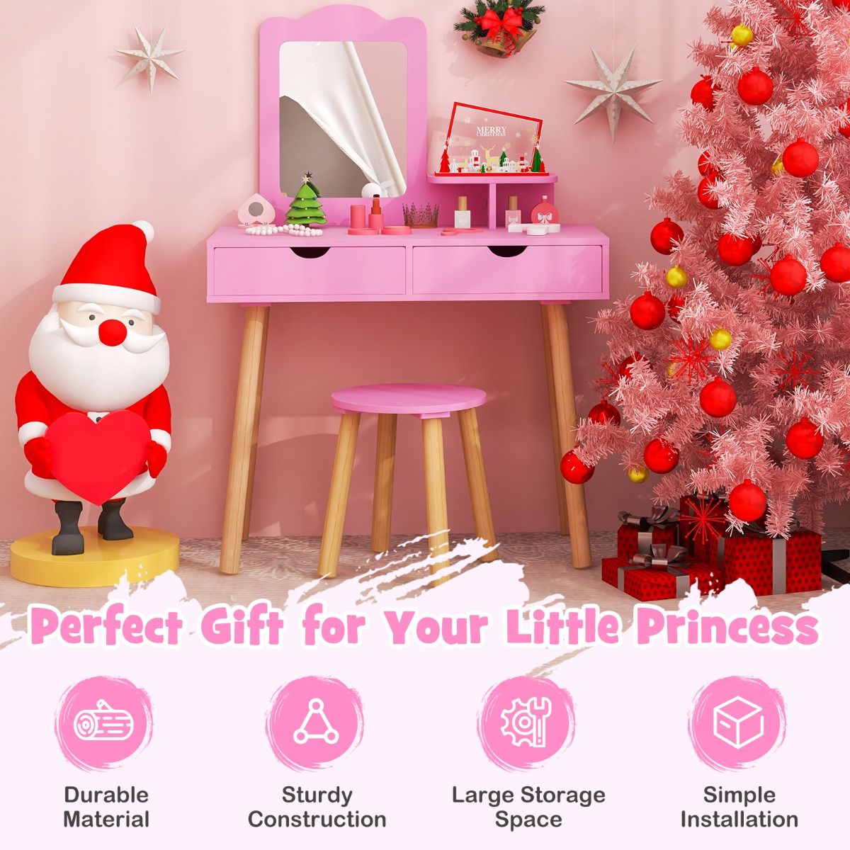 Coast Coiffeuse pour enfants - 2-en-1 avec miroir amovible - deux tiroirs et un tabouret en bois - rose