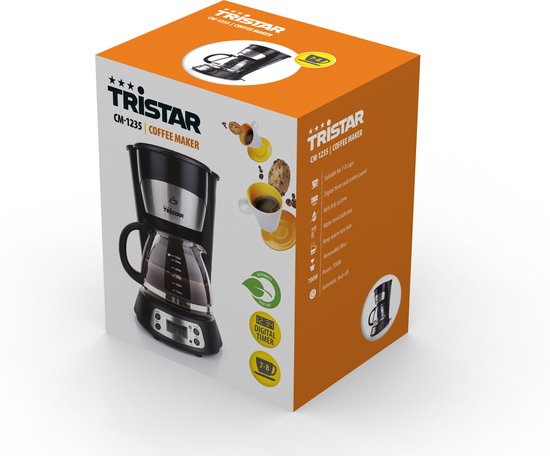 Cafetière Tristar CM-1235 - Cafetière à filtre 750 ml - Adaptée au camping - Fonctions numériques et minuterie - Pichet en verre, filtre à café amovible - 7 tasses - Noir