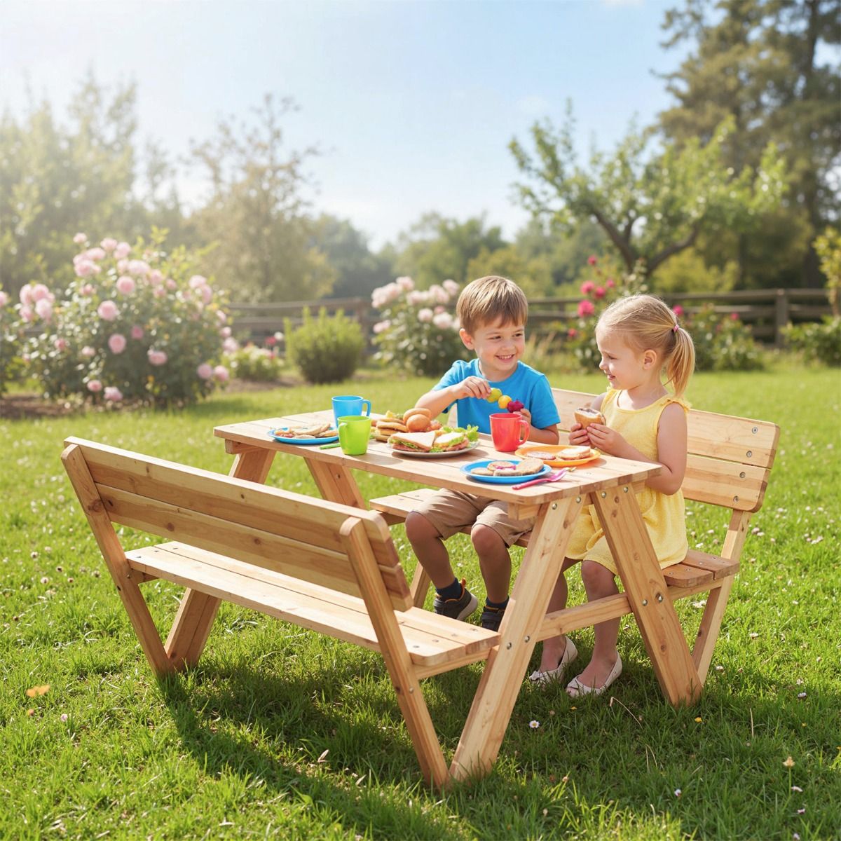 Table de pique-nique pour enfants Coast - ensemble de table et bancs en bois pour tout-petits - avec dossier - couleur naturelle