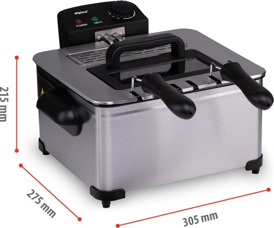 alpina friteuse double 5 litres - friteuse avec thermostat réglable - friteuse avec 3 paniers amovibles - friteuse 2000W - 27,5 x 21,5 x 30,5 cm - acier inoxydable