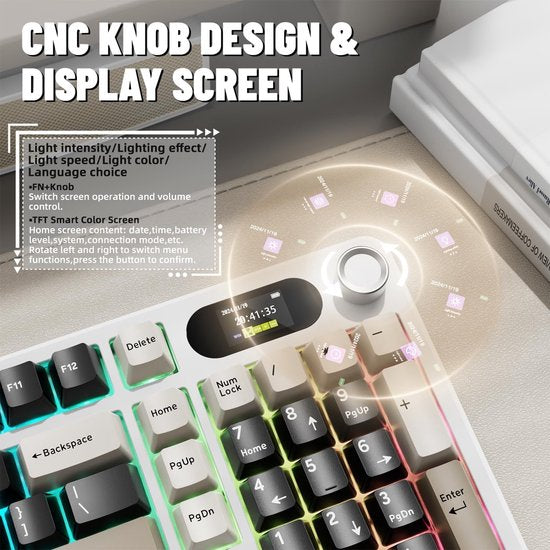 ATTACK SHARK X98 - Clavier gaming mécanique sans fil - Écran TFT - Molette multifonction - Touches en PBT - Tri-mode : filaire/2,4 GHz/Bluetooth - Modèle « Gasket » - 98 touches - Cheese White