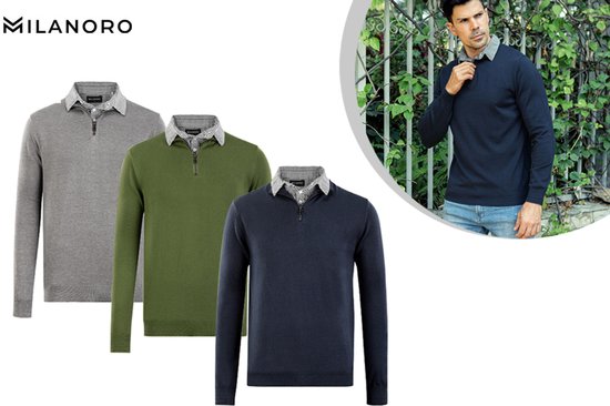 Milanoro - Pull à col chemise avec demi-fermeture éclair pour homme - Gris - XXL
