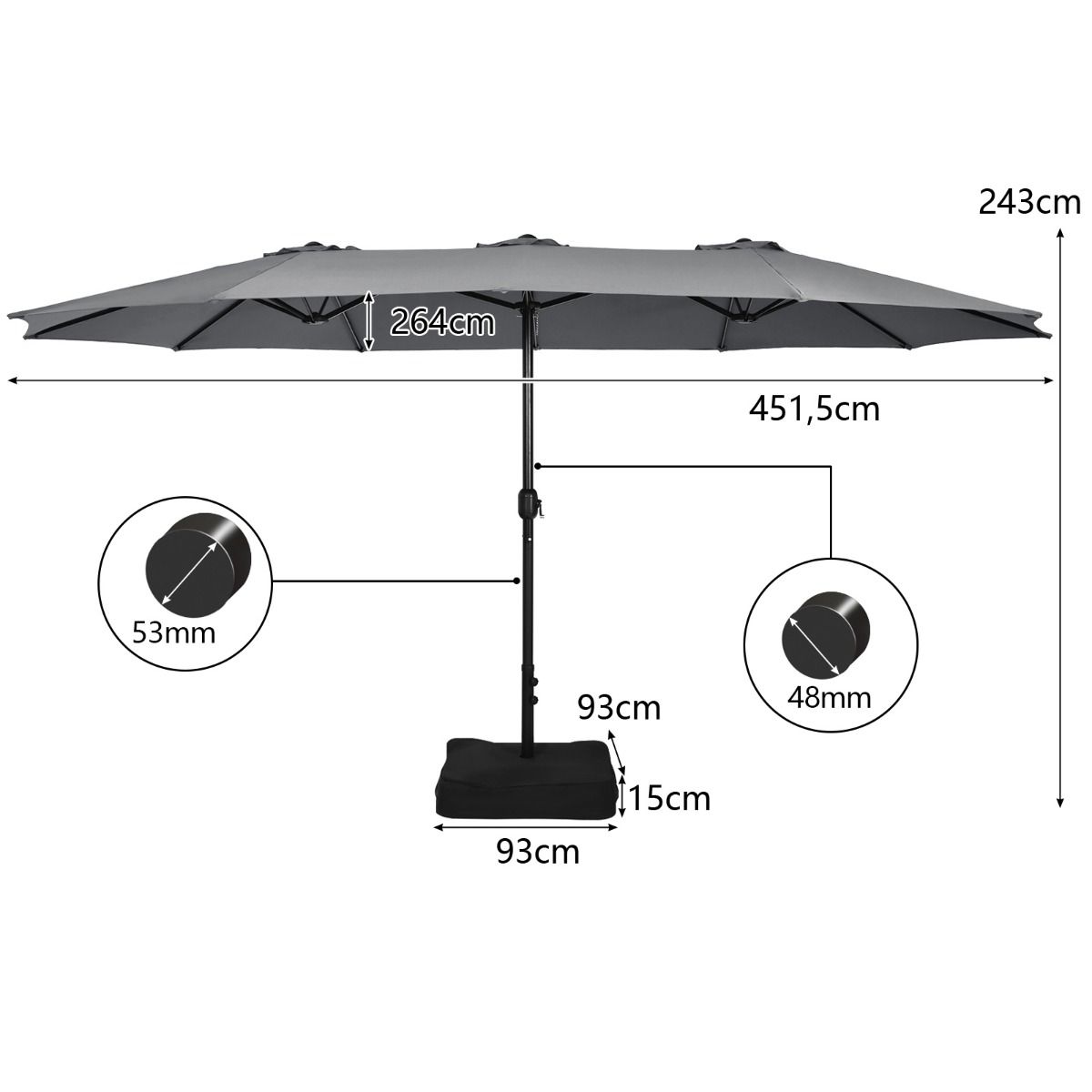 Parasol double Coast avec pied - surface d'ombre extra-large - mécanisme à manivelle - gris 451,5 x 264 cm