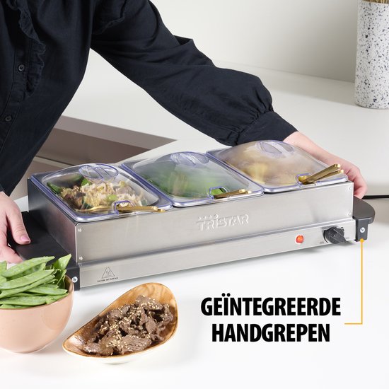 Tristar BP-6283 - Réchauffeur de buffet 200 W - Chafing dish - 3 x 1,4 litre - Avec couvercle - Acier inoxydable