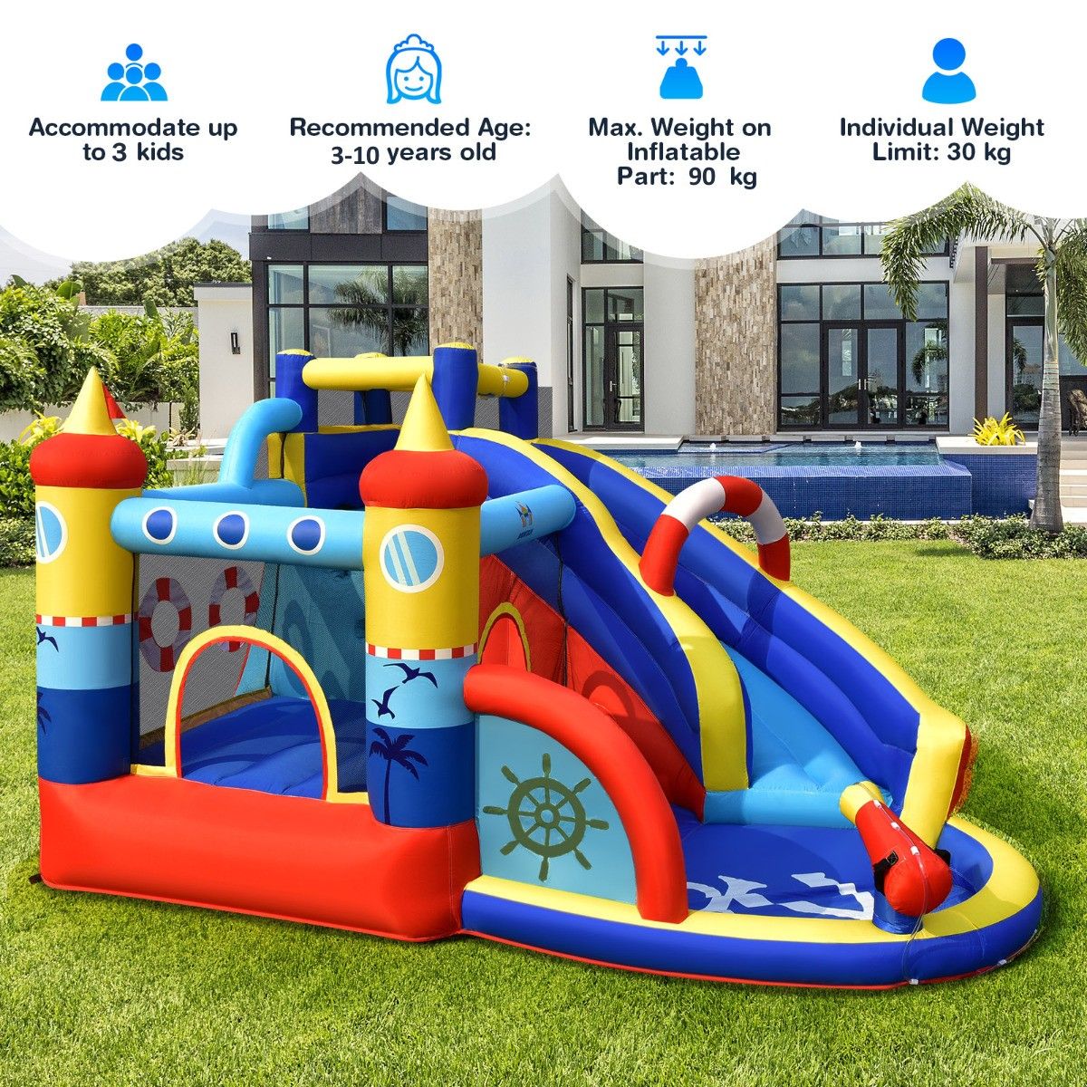 Château gonflable Coast - Maison de jeux aquatique avec toboggan et mur d'escalade - Motif bateau - 360 x 290 x 200 cm