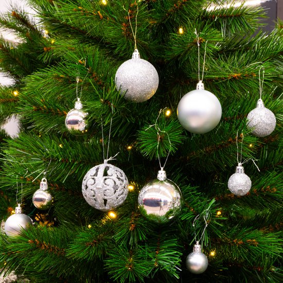 Lot de boules de Noël argentées Giftsome - 101 boules de Noël en plastique - avec pic argenté - Décoration de Noël - 3/4/6 cm