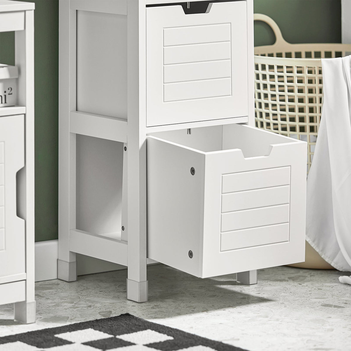 SoBuy Meuble de salle de bain haut avec repose-pieds - 2 tiroirs - acier - 30x30x144cm