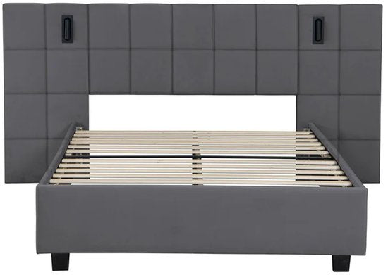 Lit capitonné Luzano - 140x200cm - Velours - Liseuse incluse - Gris foncé