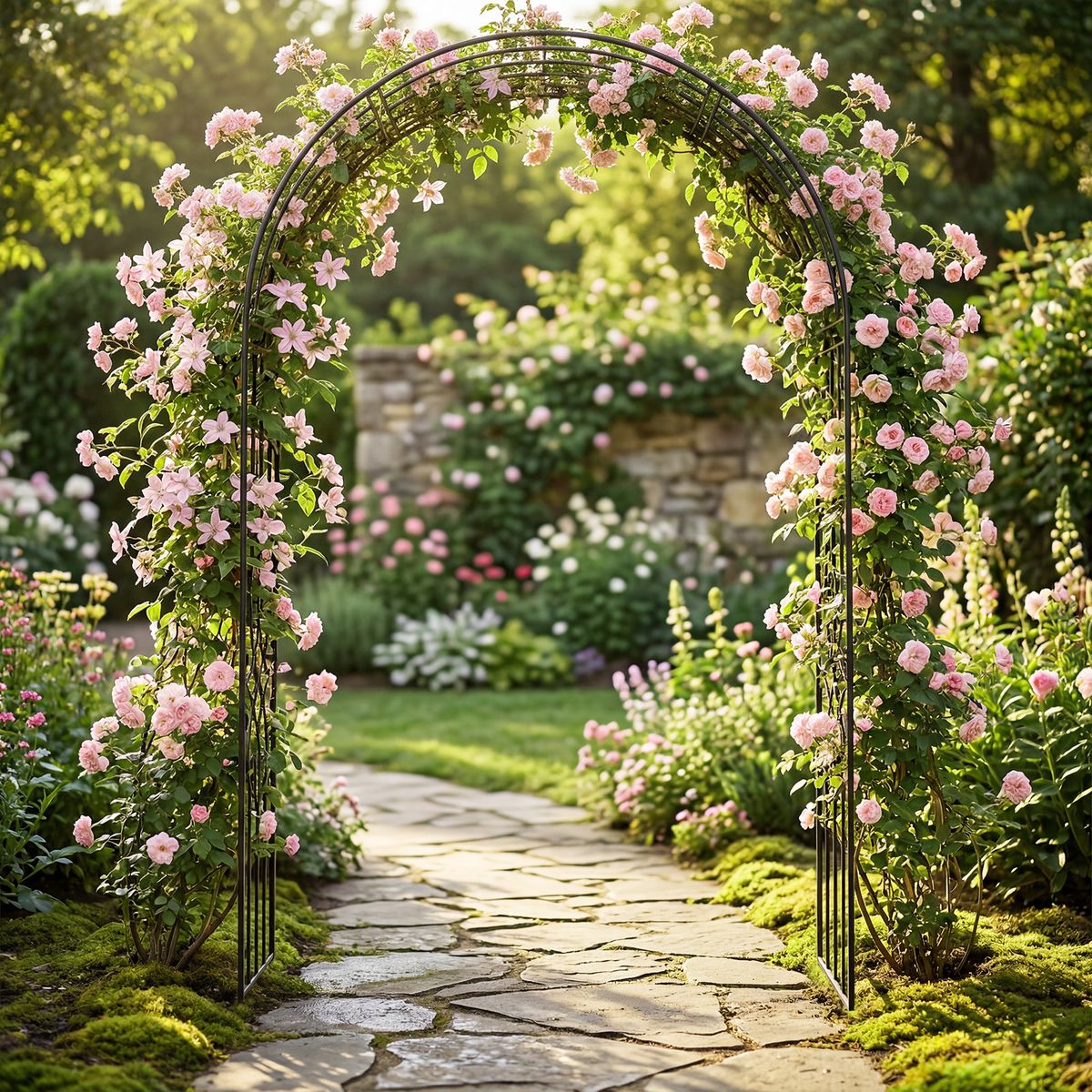 Arche de jardin en métal Coast - Arche grimpante avec piquets - Décoration florale élégante - Noir - 144 x 51 x 222 cm