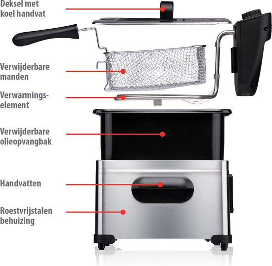 alpina friteuse double 5 litres - friteuse avec thermostat réglable - friteuse avec 3 paniers amovibles - friteuse 2000W - 27,5 x 21,5 x 30,5 cm - acier inoxydable