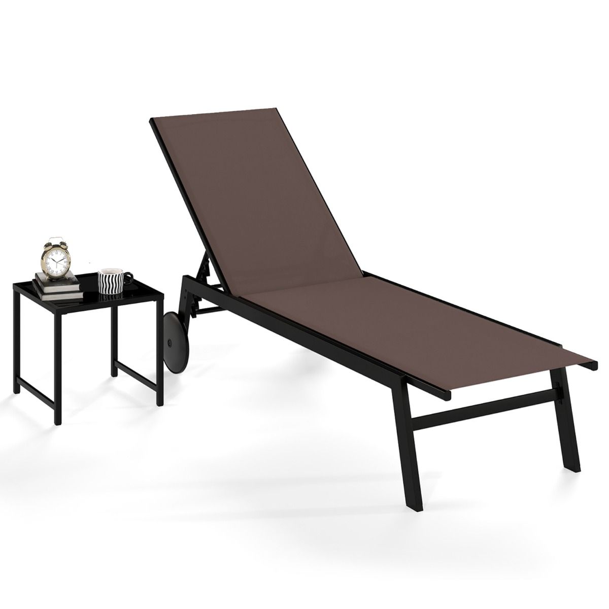 Chaise longue de jardin Coast avec table d'appoint - dossier réglable sur 6 positions - roulettes - marron