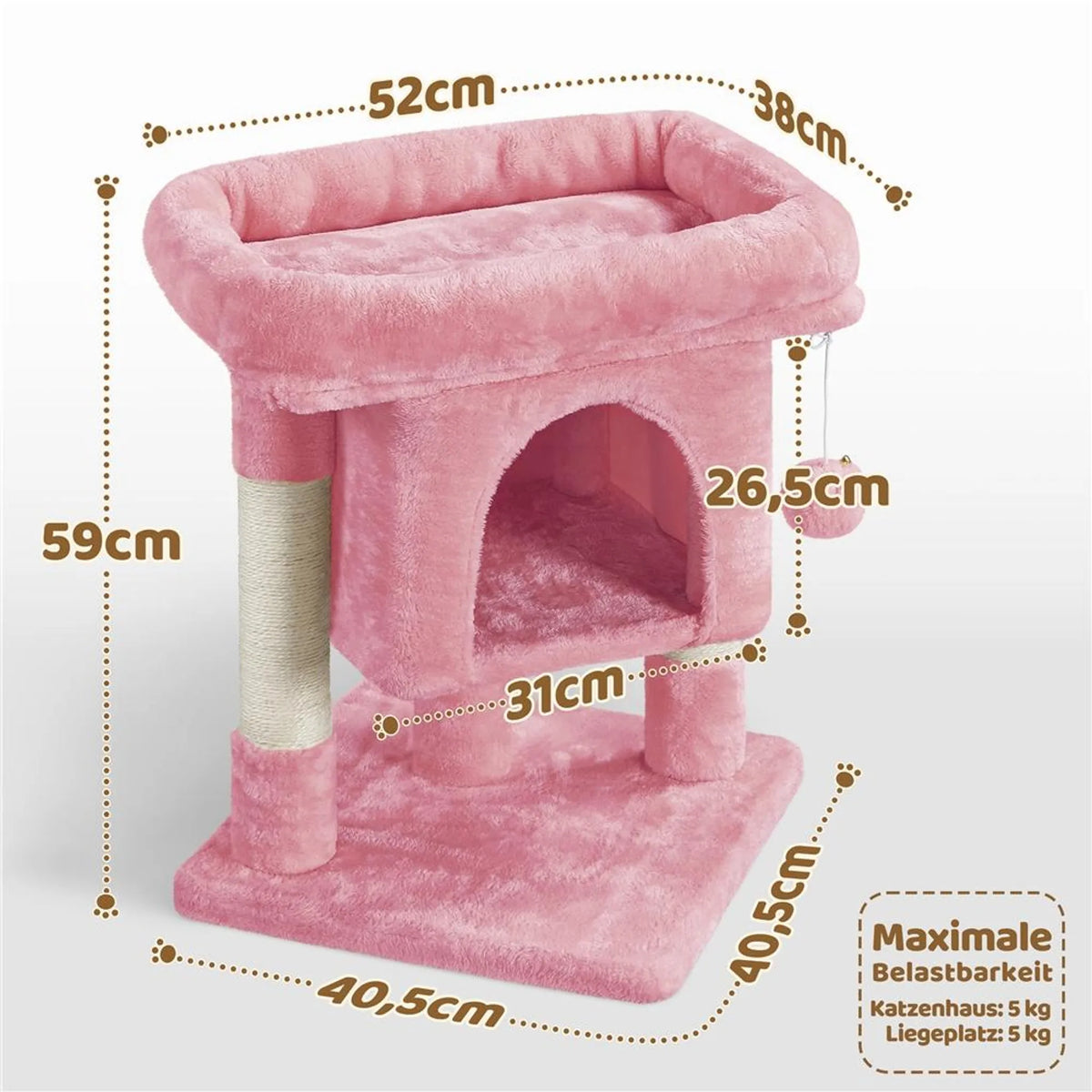 Yaheetech Scratch Post With Hammock - équipé d'un terrier pour chat, de deux poteaux en sisal et d'un endroit pour se coucher - pour chatons et petits chats - peluche rose clair et sisal - 40,5 x 40,5 x 59 cm