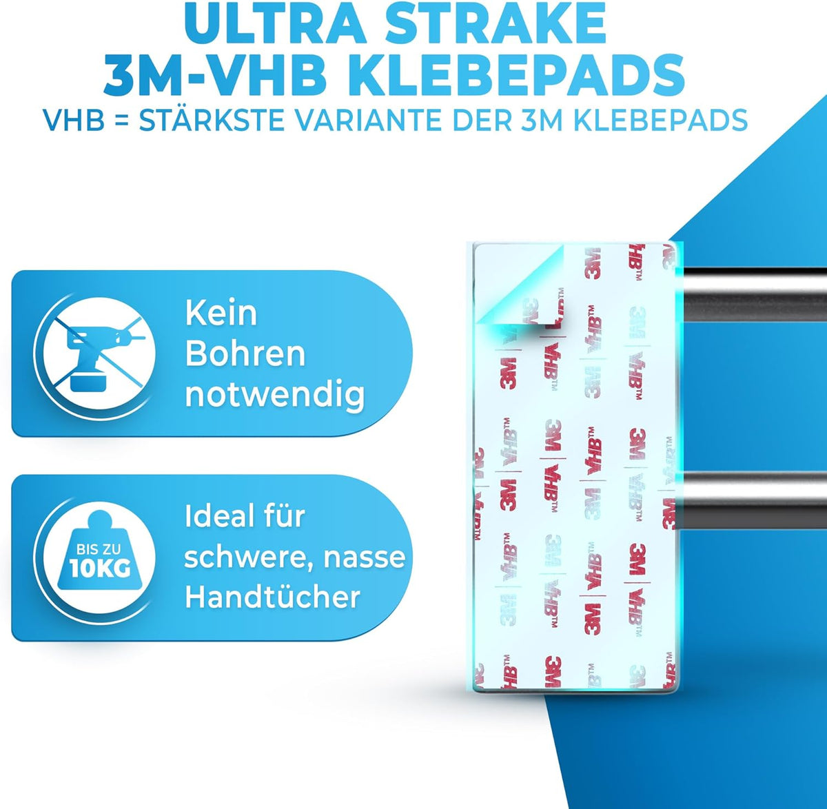 LOBUX® - Porte-serviettes sans perçage - 80cm, acier inoxydable - Porte-serviettes salle de bain double, auto-adhésif - Porte-serviettes, porte-serviettes de bain incl. 2 crochets à serviettes - pour salle de bain, paroi de douche, cuisine