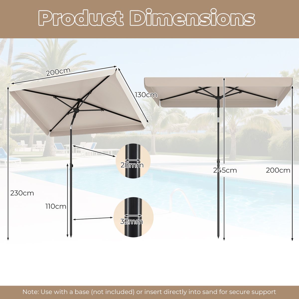 Parasol de balcon Coast - rectangulaire - inclinable à 30° - 200 x 130 cm - beige
