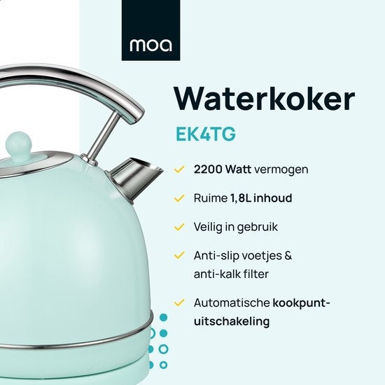 MOA Bouilloire rétro - Vert pastel - Vert menthe - Électrique - acier inoxydable - EK4TG