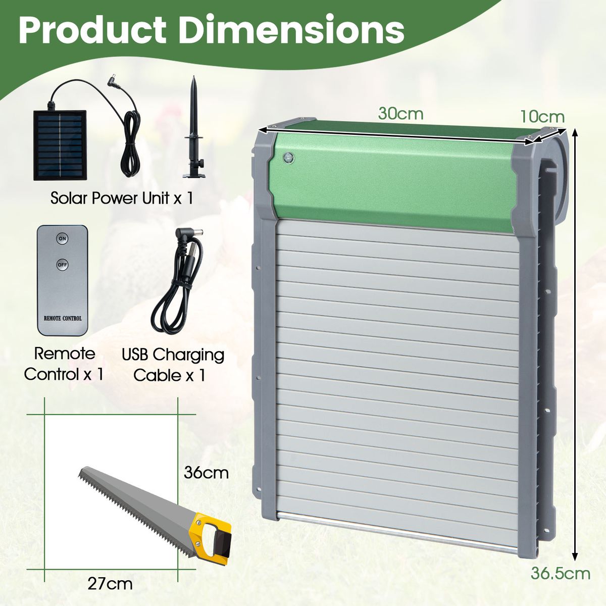 Trappe automatique pour poules Coast - énergie solaire - 4 modes de fonctionnement - vert et argent