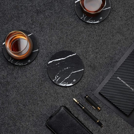 Castagnola Sous-verres en simili-cuir - Sous-verres pour verres - Sous-verres design avec support - Sous-verres en cuir - Cuir - Lot de 10 - Aspect marbré - Noir/Blanc