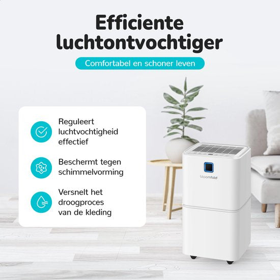 Déshumidificateur Bloomfold - 12L par jour - Fonction Lavage-Séchage incluse - Convient au salon, à la chambre et à la salle de bain - Déshumidificateur - Blanc