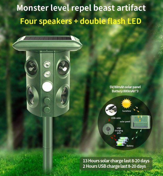 Fuegobird Répulsif à ultrasons - Répulsif pour animaux - Répulsif pour animaux - Répulsif pour chats à flash supersonique - Avec mode intelligent - Ultrasons - Fonctionne à l'énergie solaire / câble de charge USB