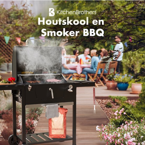Barbecue charbon - KitchenBrothers - Gril et fumoir 2-en-1  - Surface de cuisson 42x57cm