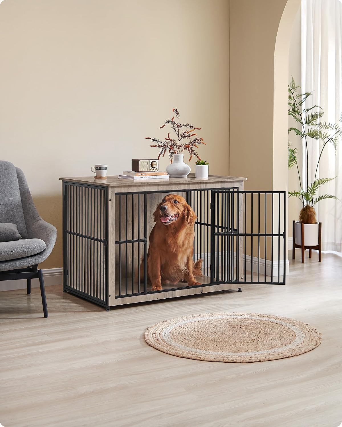 Cage pour chien Feandrea DEGWOOD, style meuble - 110 × 76 × 82 cm - grège/noir