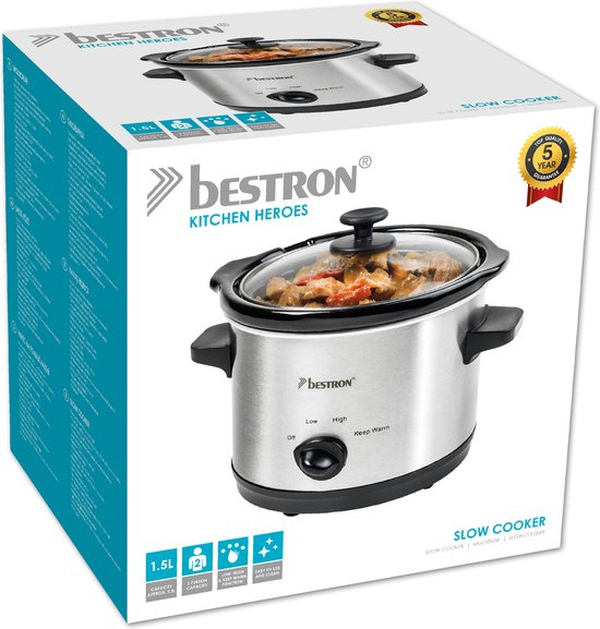 Bestron Slowcooker 120W - ASC150 - 1.5L - Cuve intérieure en céramique - Argent - 5 ans de garantie
