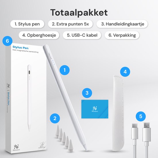 Stylet Nuvance - Compatible avec l'iPad d'Apple 2018-2026 - Stylet pour écran tactile - 6 pointes incluses - Pencil