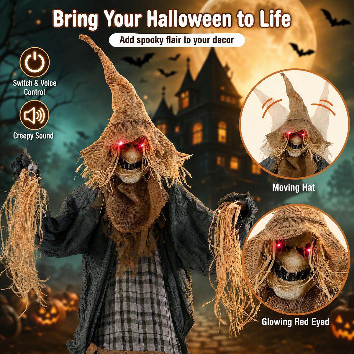 Épouvantail Coast Halloween - animé - à détection de bruit - yeux lumineux - 213 cm