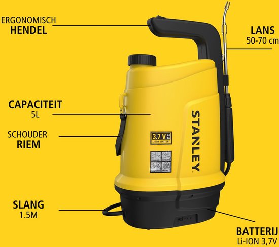 Stanley Pressure Sprayer 5 L, pulvérisateur à pression, pulvérisateur de jardin, électrique, batterie rechargeable lithium, lance télescopique, buse réglable, autonomie 2.5 h, max 2 bar, 0.33 L/minute, jaune/noir