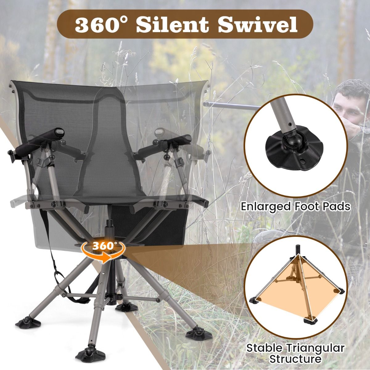 Fauteuil de chasse Coast - pivotant à 360° - pieds et accoudoirs réglables - noir et gris