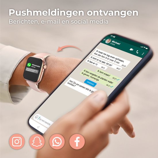Nuvance - Smartwatch Homme et Femme avec Bluetooth - 45mm - Convient à tous les Smartphones - Podomètre et moniteur de fréquence cardiaque - Étanche - Rose clair