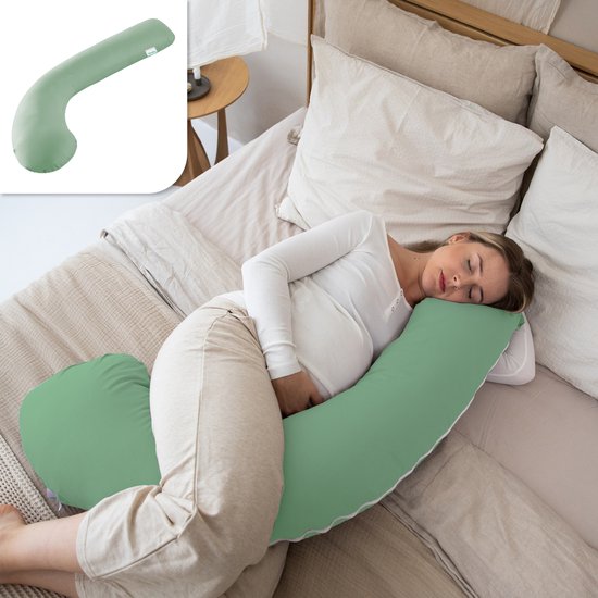 Oreiller de grossesse Litollo en forme de J - Oreiller d'allaitement 145 cm - Oreiller pour dormir sur le côté, vert - Oreiller de corps avec housse amovible - Oreiller d'allaitement - Body Pillow