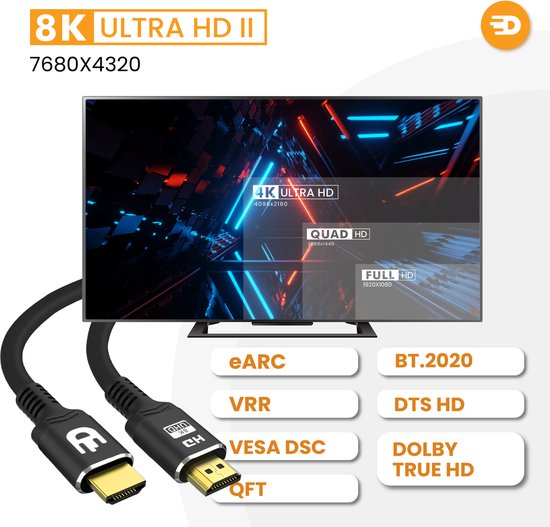 Drivv. Câble HDMI Premium 2.1 - Ultra HD 8K - HDMI vers HDMI - Convient à Xbox Series X & PS5 - 1 mètre - Noir