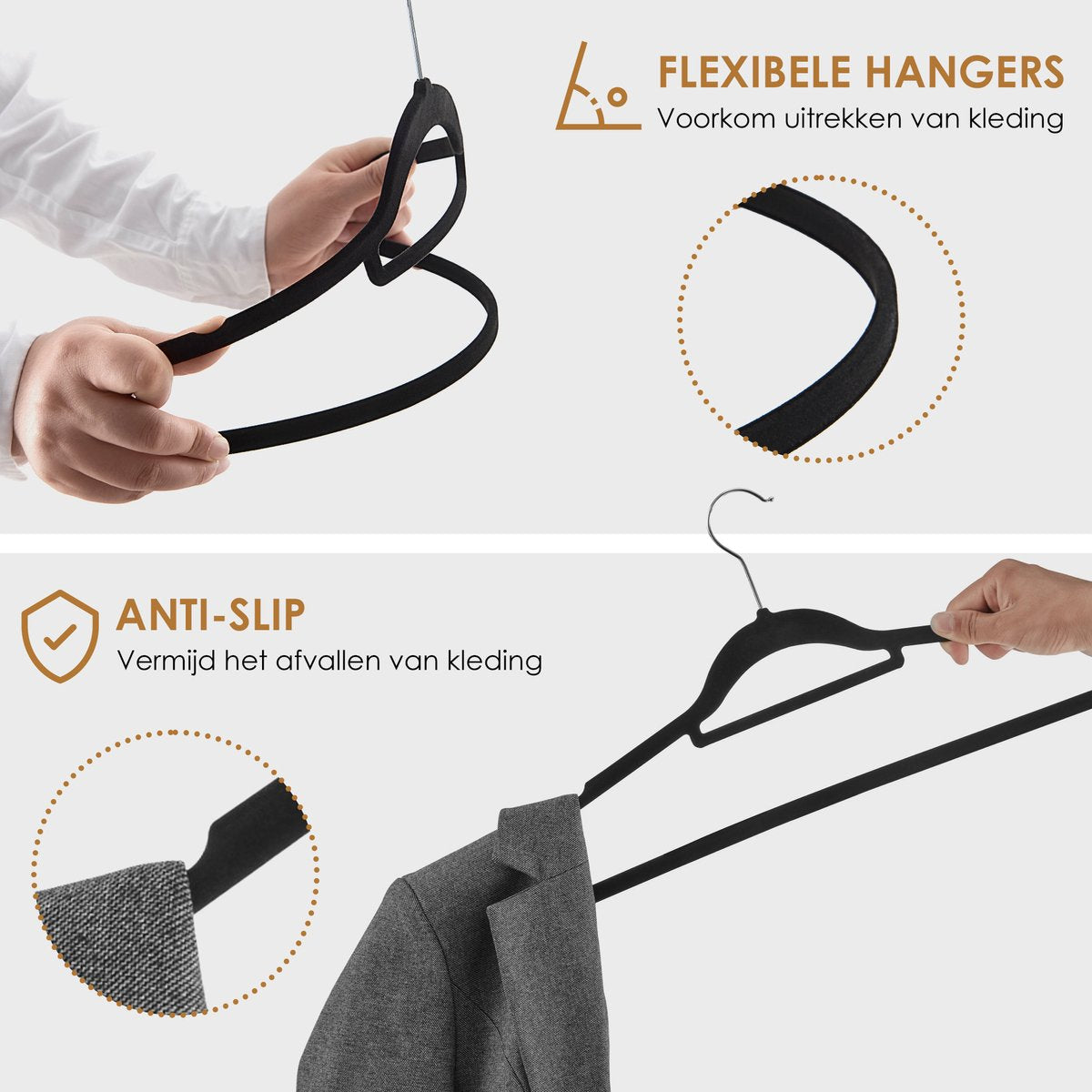 Cintres en velours Acaza - 60 pièces - Antidérapants avec crochet pivotant - Noir