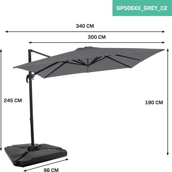 VONROC Premium Parasol flottant Pisogne 300x300cm - Avec tuiles de remplissage, base transversale et housse de protection - Parasol carré - Rotation 360° - Inclinaison - Toile résistante aux UV - Gris