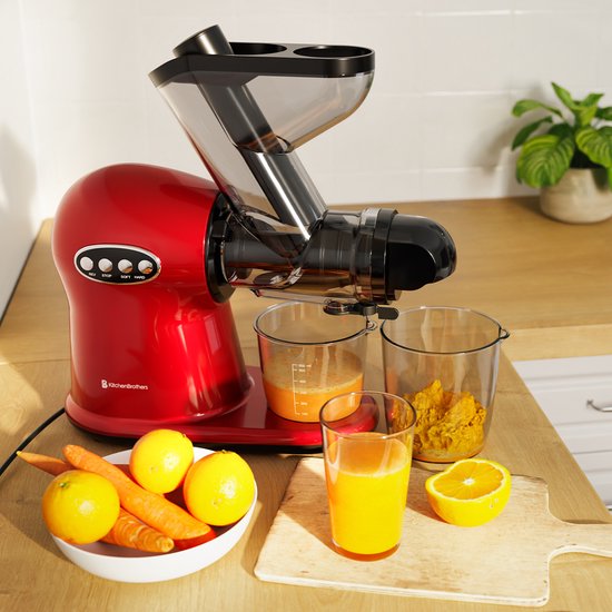 KitchenBrothers Slowjuicer XL - Extracteur de jus - Presse légumes et fruits - Alimentation 43 mm et 70 mm - 500 ml - Rouge