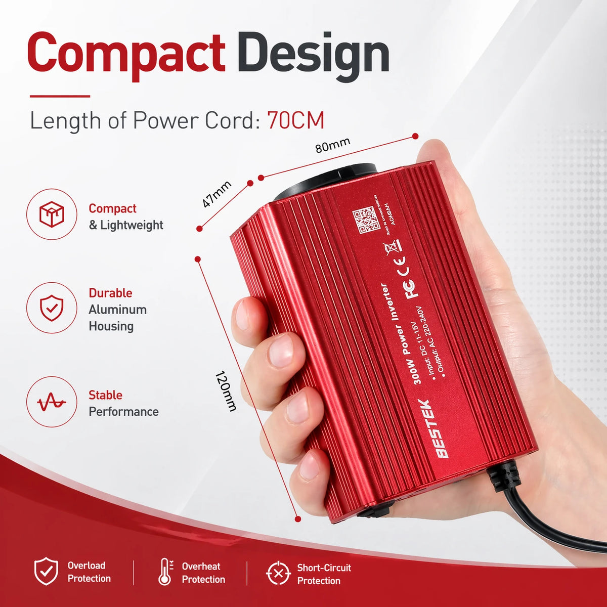 Convertisseur BESTEK 300 W 12 V vers 230 V – 2 ports USB et prise de courant – Pour voiture, camping-car et en déplacement – Rouge