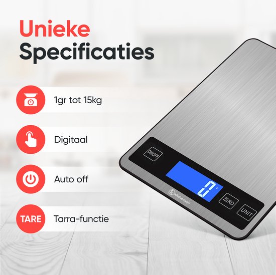 Kitchenwell Balance de cuisine numérique de précision - Balance de cuisine - 1gr - 10kg - Fonction tare - Rechargeable par USB - Gris