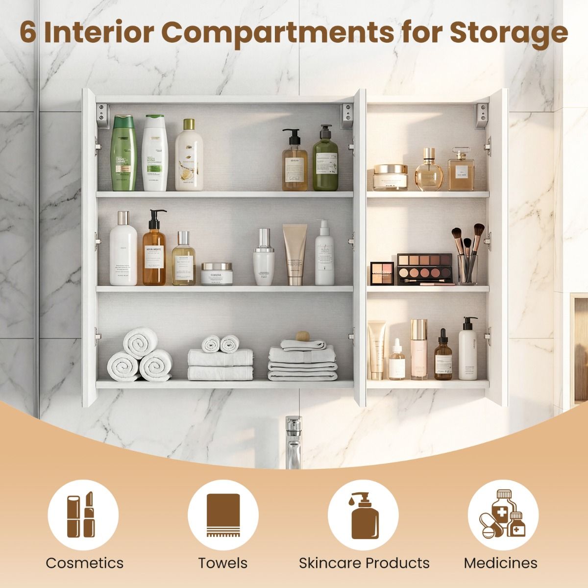 Armoire de salle de bains avec miroir mural Coast - trois portes - 6 compartiments - blanche - 87 x 65 x 12,5 cm