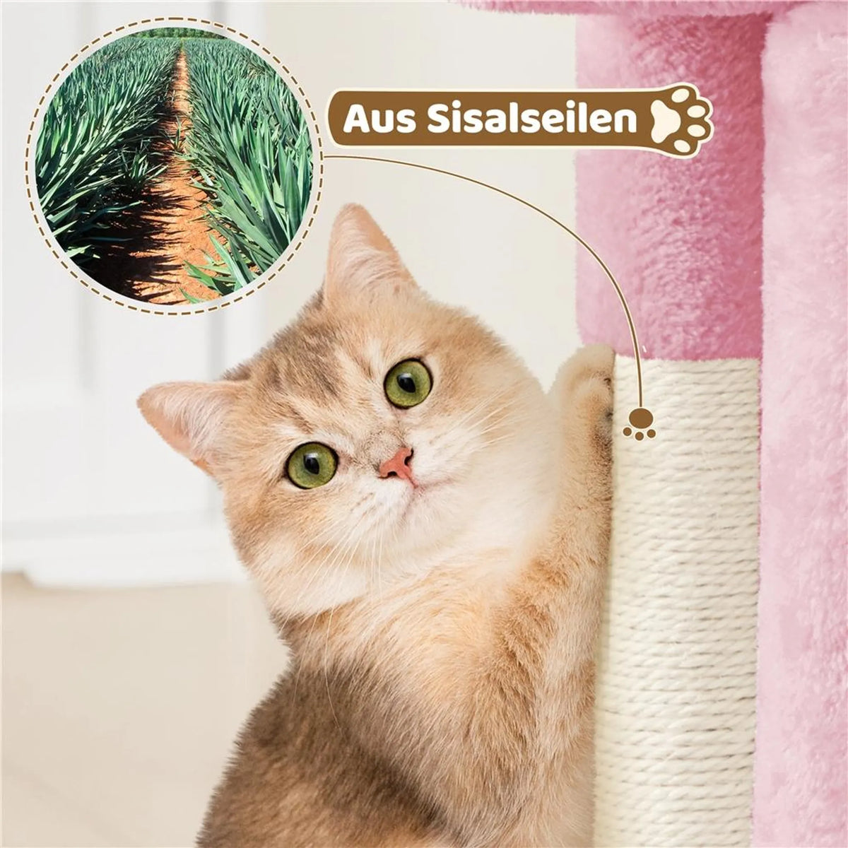 Yaheetech Scratch Post With Hammock - équipé d'un terrier pour chat, de deux poteaux en sisal et d'un endroit pour se coucher - pour chatons et petits chats - peluche rose clair et sisal - 40,5 x 40,5 x 59 cm