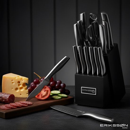 Ensemble de 16 couteaux Erikssøn Kitchen avec bloc à couteaux - Sans BPA ni PFAS - Avec bloc, aiguiseur et ciseaux - Couteaux de cuisine - Couteau de chef - Couteau à viande - Résistant aux rayures - Acier inoxydable 3Cr13 - Noir