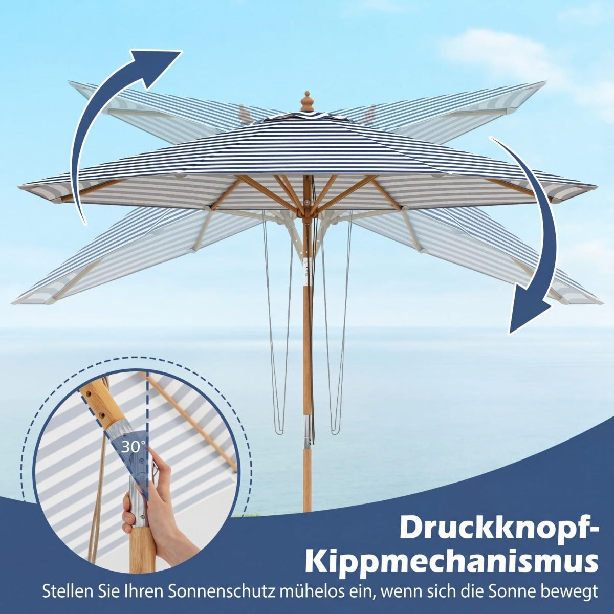 Parasol en bois Coast 270 cm - rayures bleues et blanches