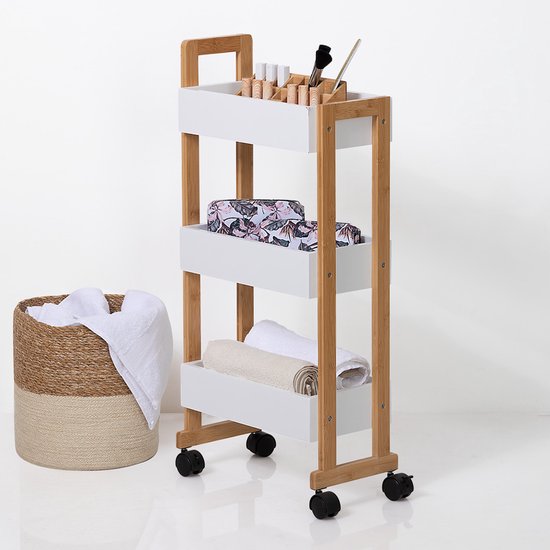 Chariot de cuisine à 3 étages - bois de bambou - blanc/marron - 41 x 20 x 80 cm - salle de bains