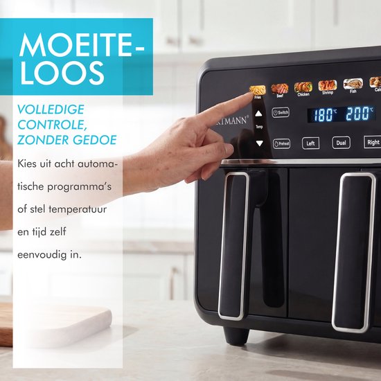 Friteuse à air chaud double XXL 11 L - Friteuse à air chaud sans PFAS - Infrarouge - Double zone - 2 x 5,5 L - 40–200 °C - 8 programmes de cuisson - 2 850 W - WM-2511 AF - Noir