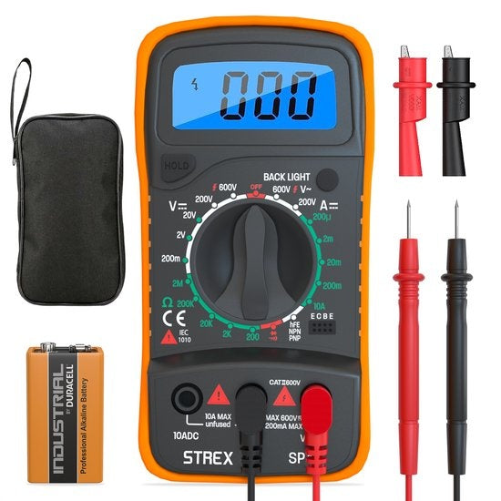 Strex Digital Multimeter - AC / DC - Batterie Duracell 9V, pince et étui de rangement inclus - Multimètre