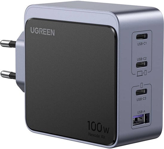 Ugreen Nexode S 100 W, chargeur rapide GaN à 4 ports, version UE, gris – Ordinateur portable, téléphone portable, ordinateur portable, batterie externe, tablette – Gris, alimentation CA, pour usage intérieur