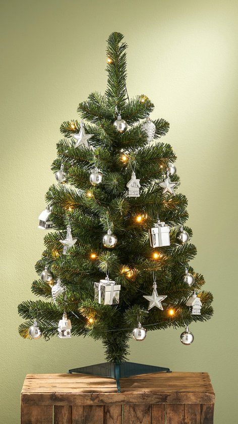 Sapin de Noël artificiel « Joy » de Black Box Trees - Avec 26 décorations et un éclairage LED - H 90 x Ø 50 cm - Vert et argent