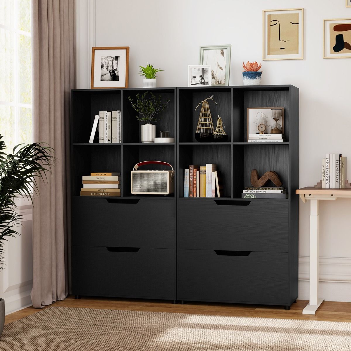 Bibliothèque Coast - quatre étagères ouvertes - deux grands tiroirs - noir - 70 x 33,5 x 130 cm