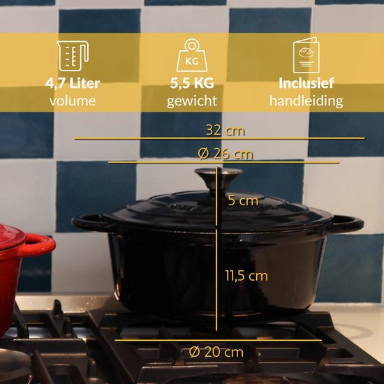 Casserole en fonte Chefarone 4,7 L - Sans PFAS - Casserole avec couvercle - Compatible avec toutes les sources de chaleur - Casserole Ø 26 cm - Émaillée noire - Cadeau pour femmes