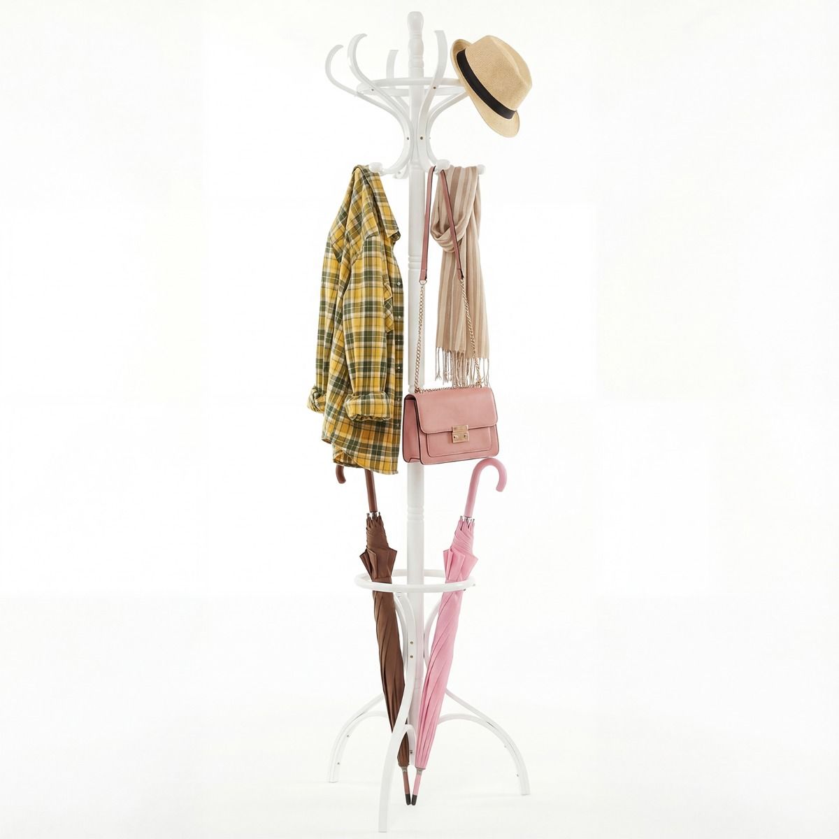 Porte-manteau sur pied Coast - 12 crochets - avec porte-parapluies - bois de bouleau massif - 48 x 48 x 182 cm - rouge-brun
